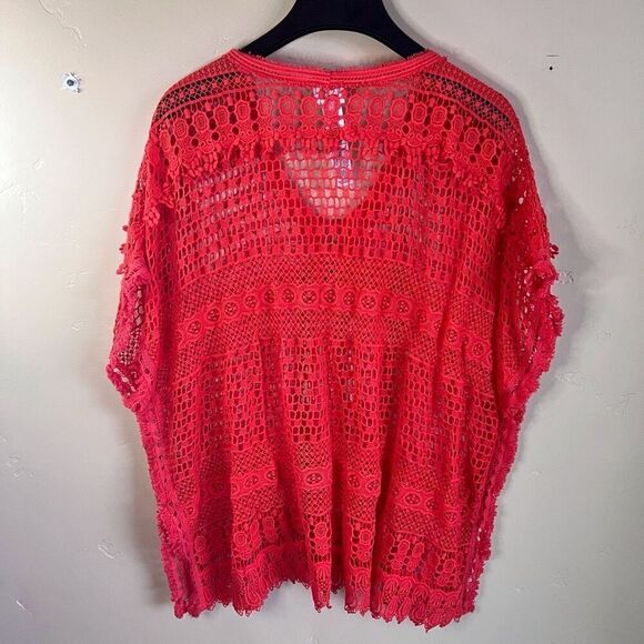 Chico’s Womens Crocheted Swim Beach Knit Cover Up Cherry Red VNeck Pullover OS - Picture 5 of 5